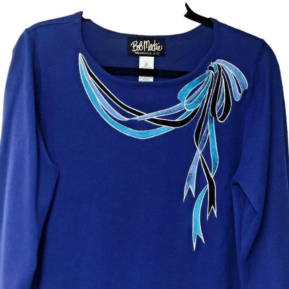 BOB MACKIE Womens Purple Tunic Sweater Embroidered Artsy Mature Office M